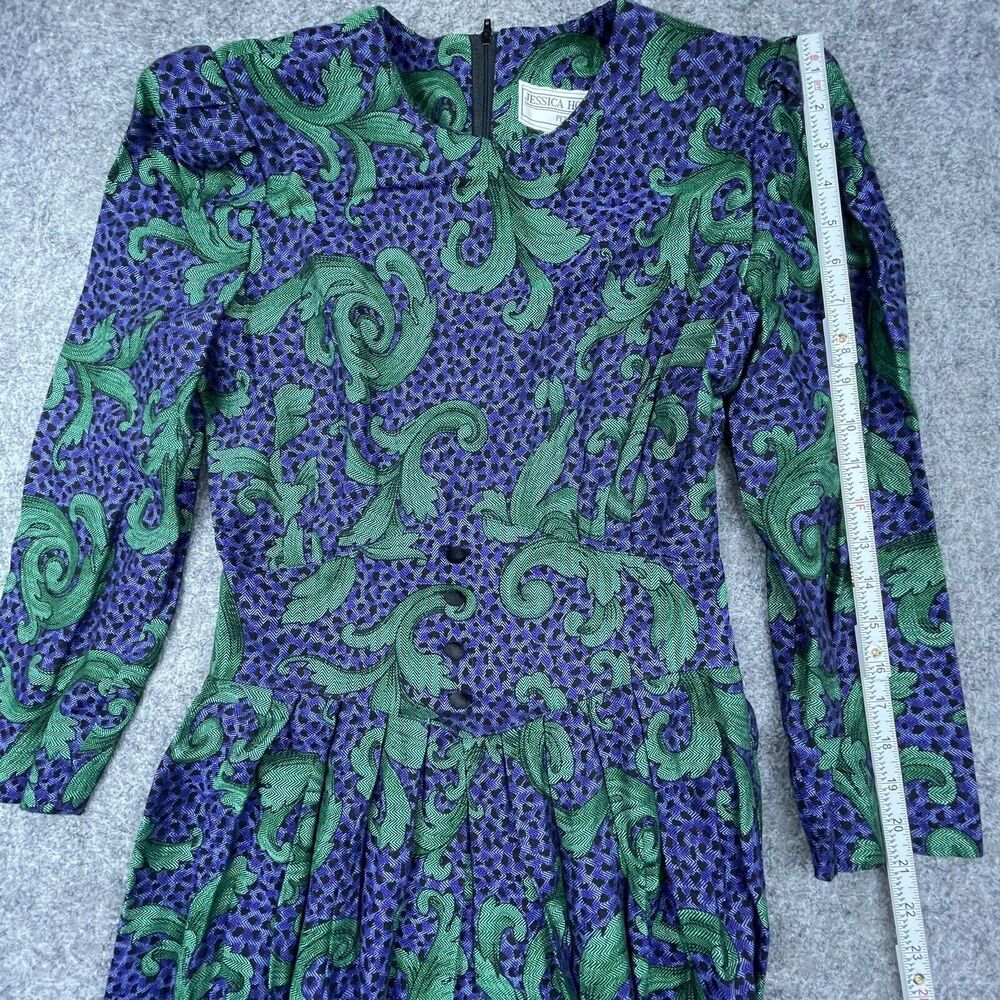 Vintage Jessica Howard Petite Dress 6 Blue Green 80s Secretary Scroll Wasp Waist - Picture 5 of 7